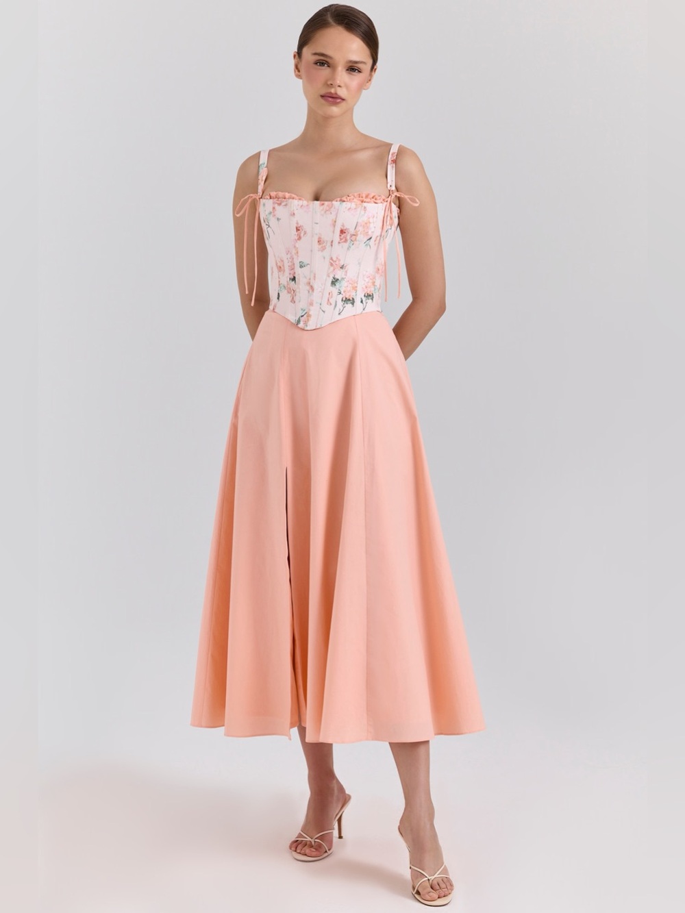 House of CB CLARABELLE Peach Cotton Detachable Corset Midi Sundress